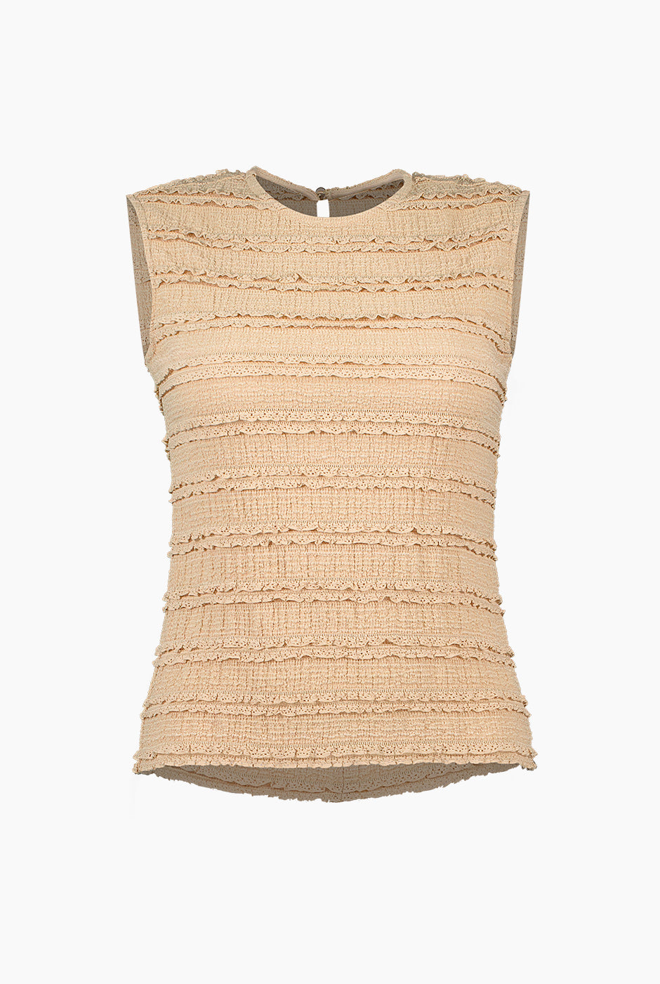 Blusa tejida sin mangas café claro con textura de líneas horizontales