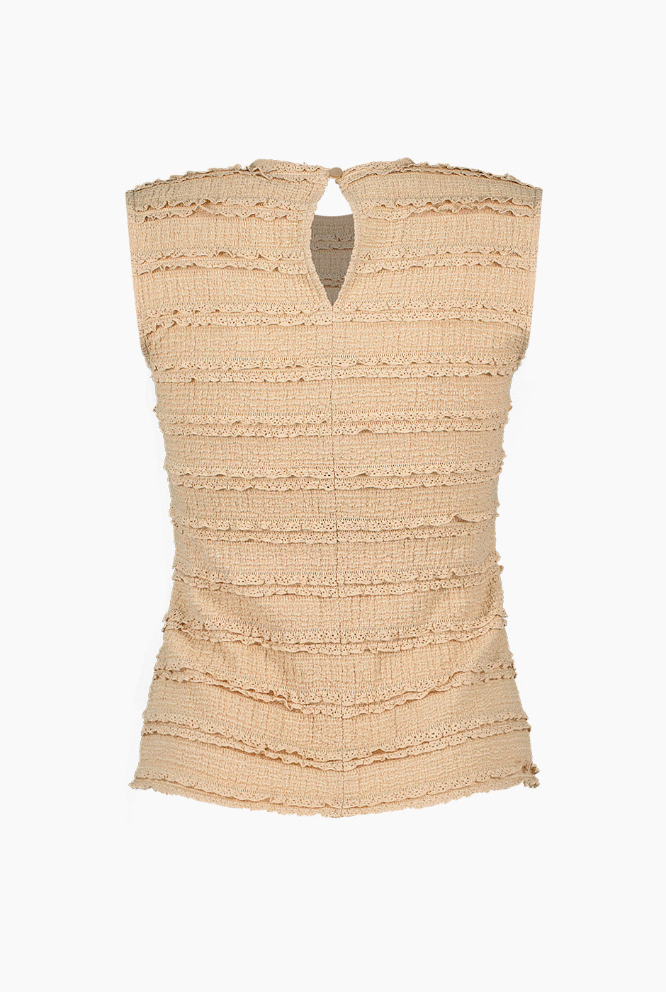 Blusa tejida sin mangas café claro con textura de líneas horizontales