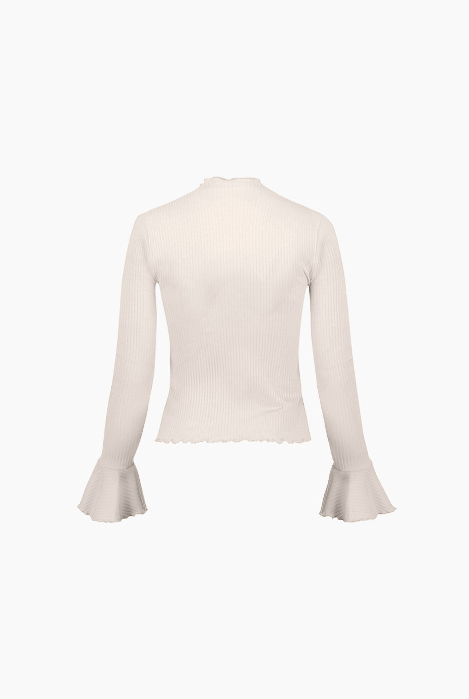 Blusa natural de manga larga con escarolas y cuello redondo