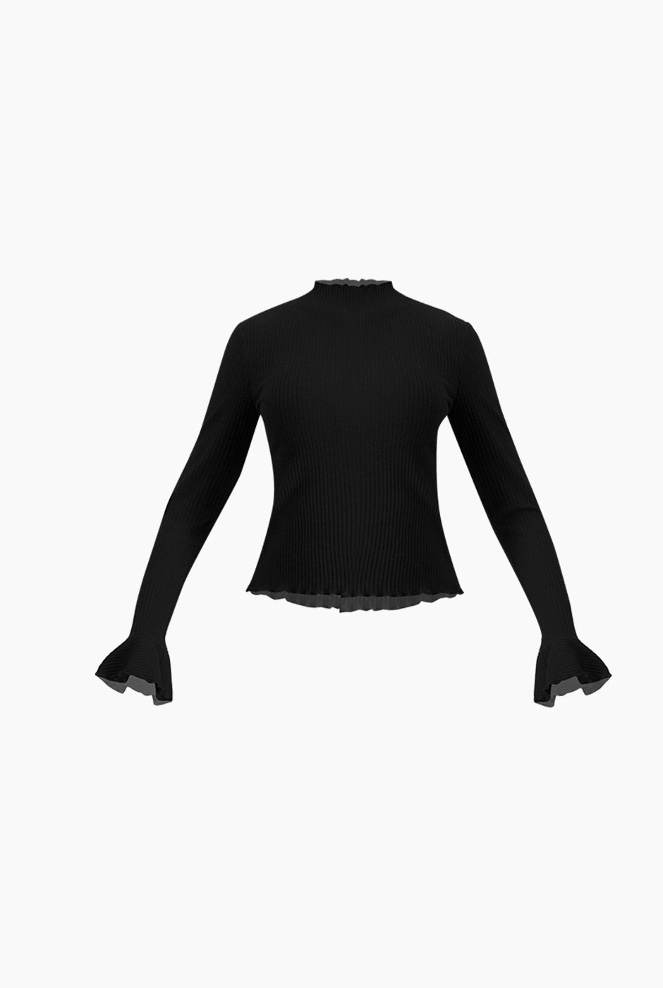 Blusa negra de cuello redondo con escarolas y tejido acanalado