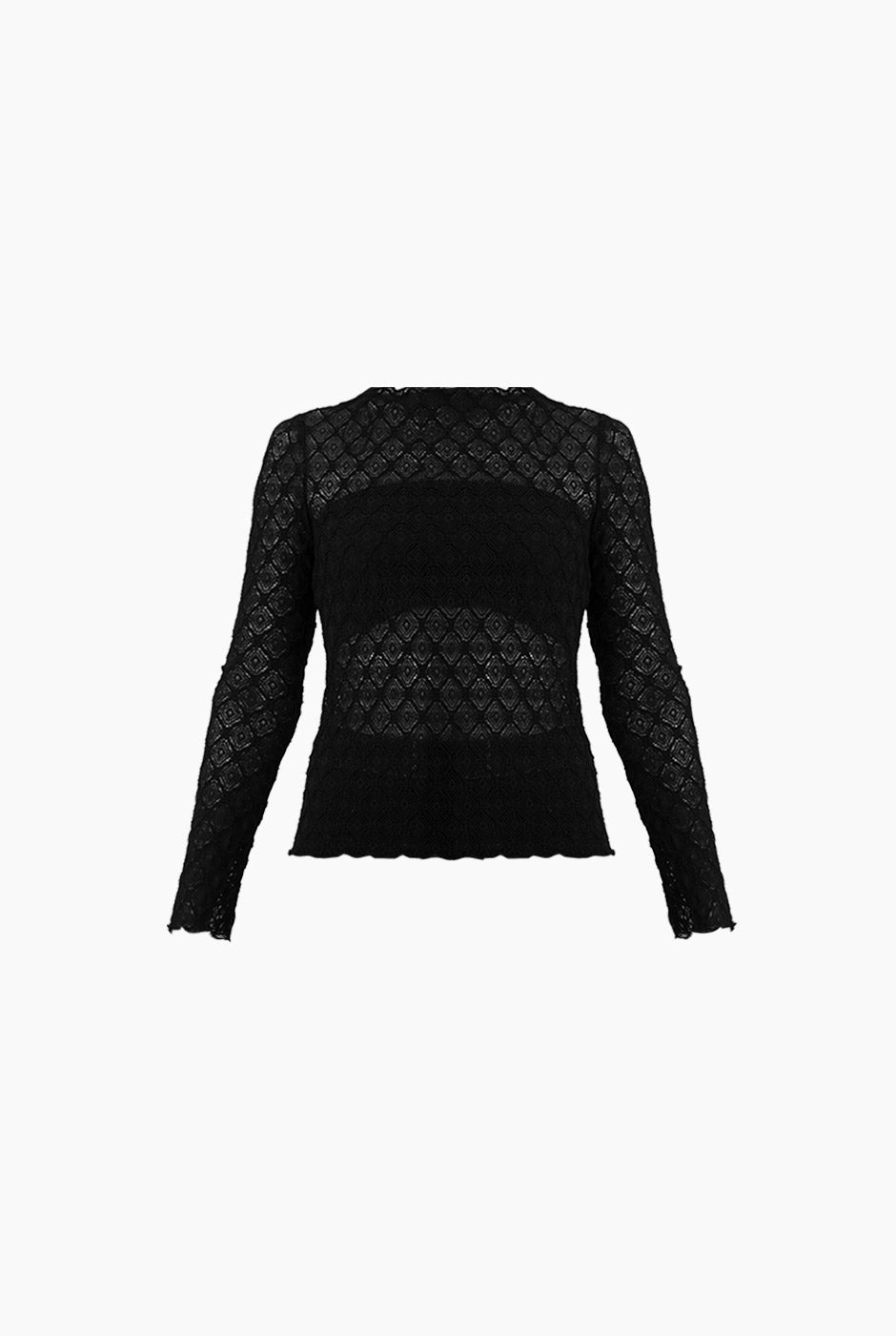 Blusa tejida negra de manga larga con encaje geométrico