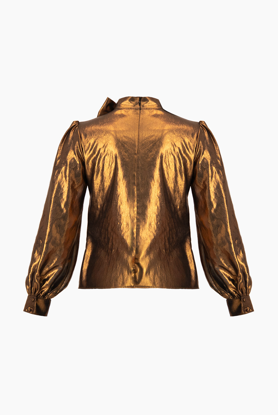 Blusa de cuello alto cobre con cintas y puños con botones