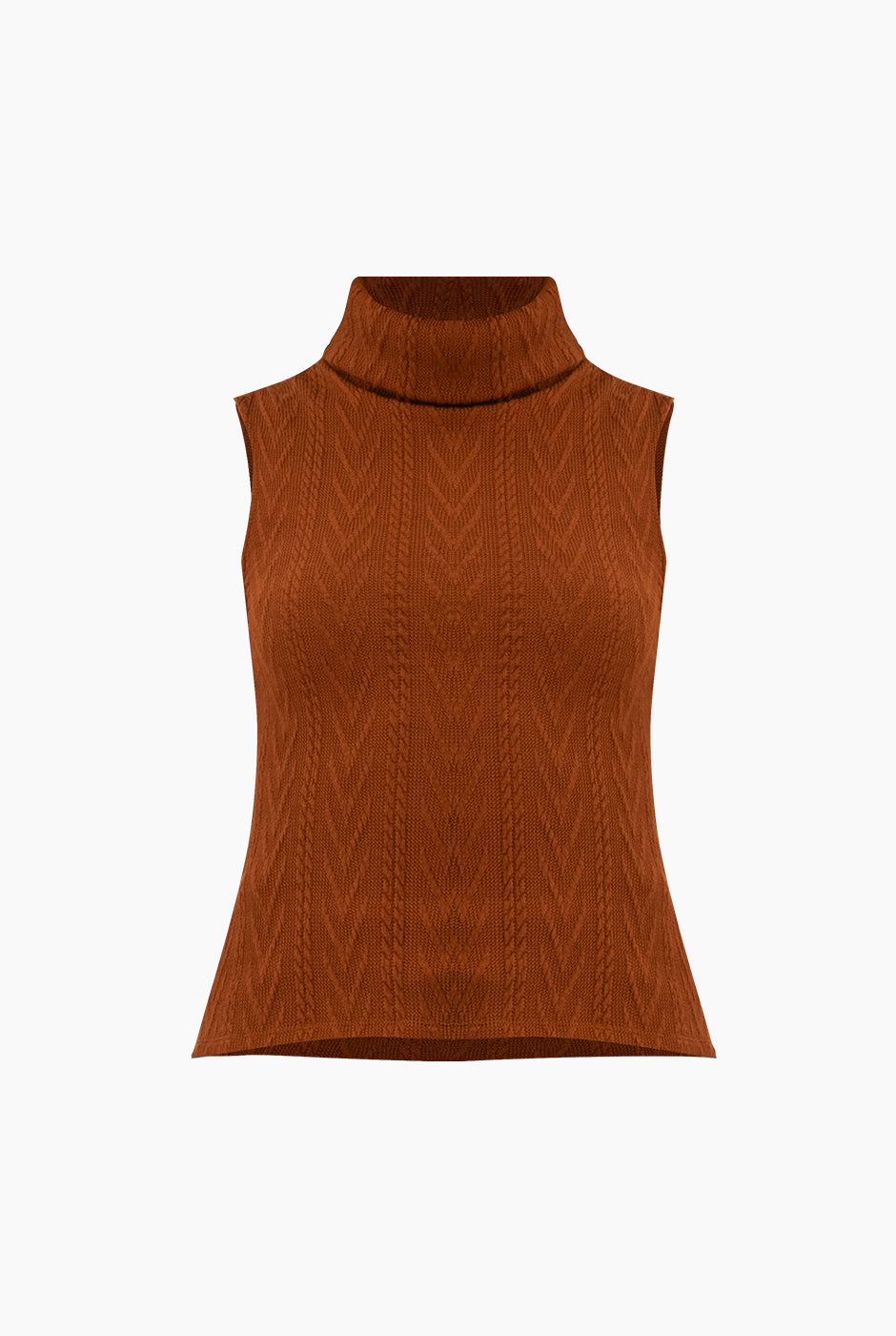 Top recto tejido café sin mangas, cuello alto
