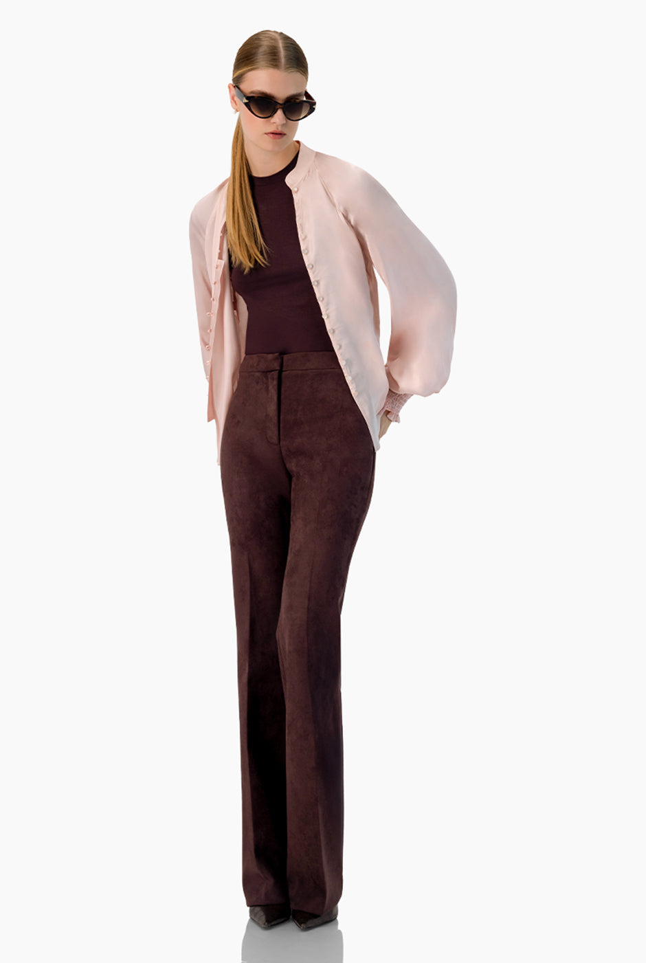 Blusa recta rosa palo de cuello mao con botones y mangas largas