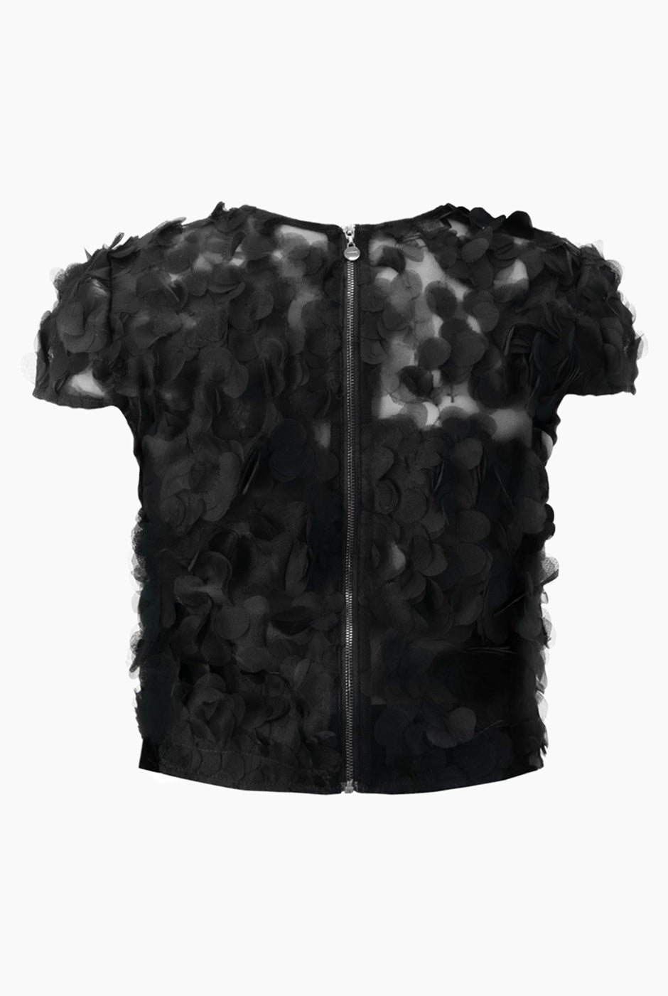 Blusa negra de gasa con apliques florales y cuello redondo