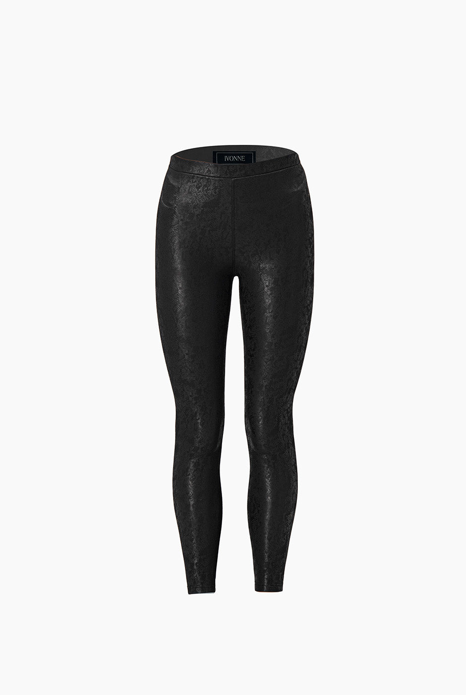Pantalón negro con estampado de cocodrilo y superficie brillante