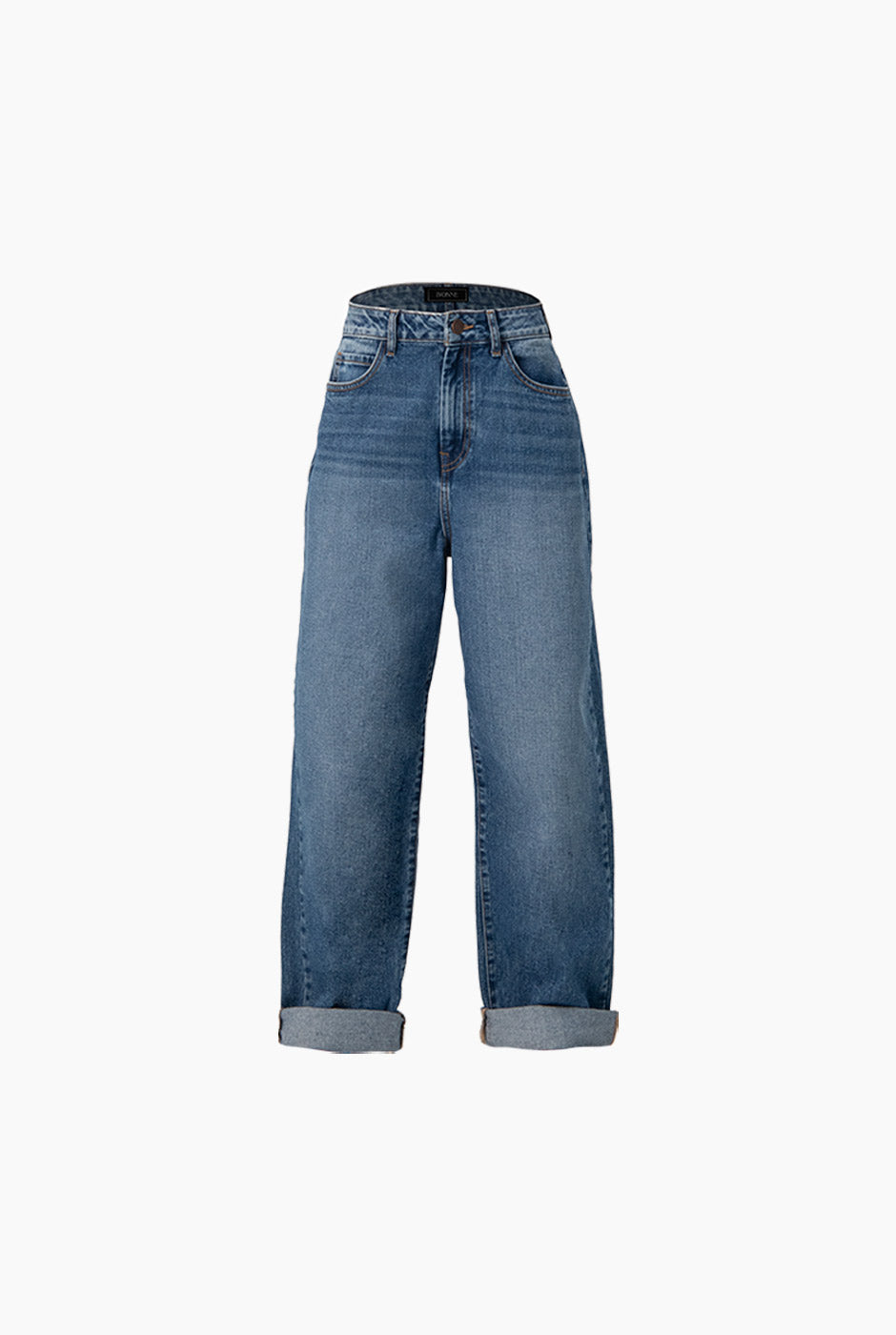 Jeans denim azul de pierna ancha con bolsillos y dobladillo