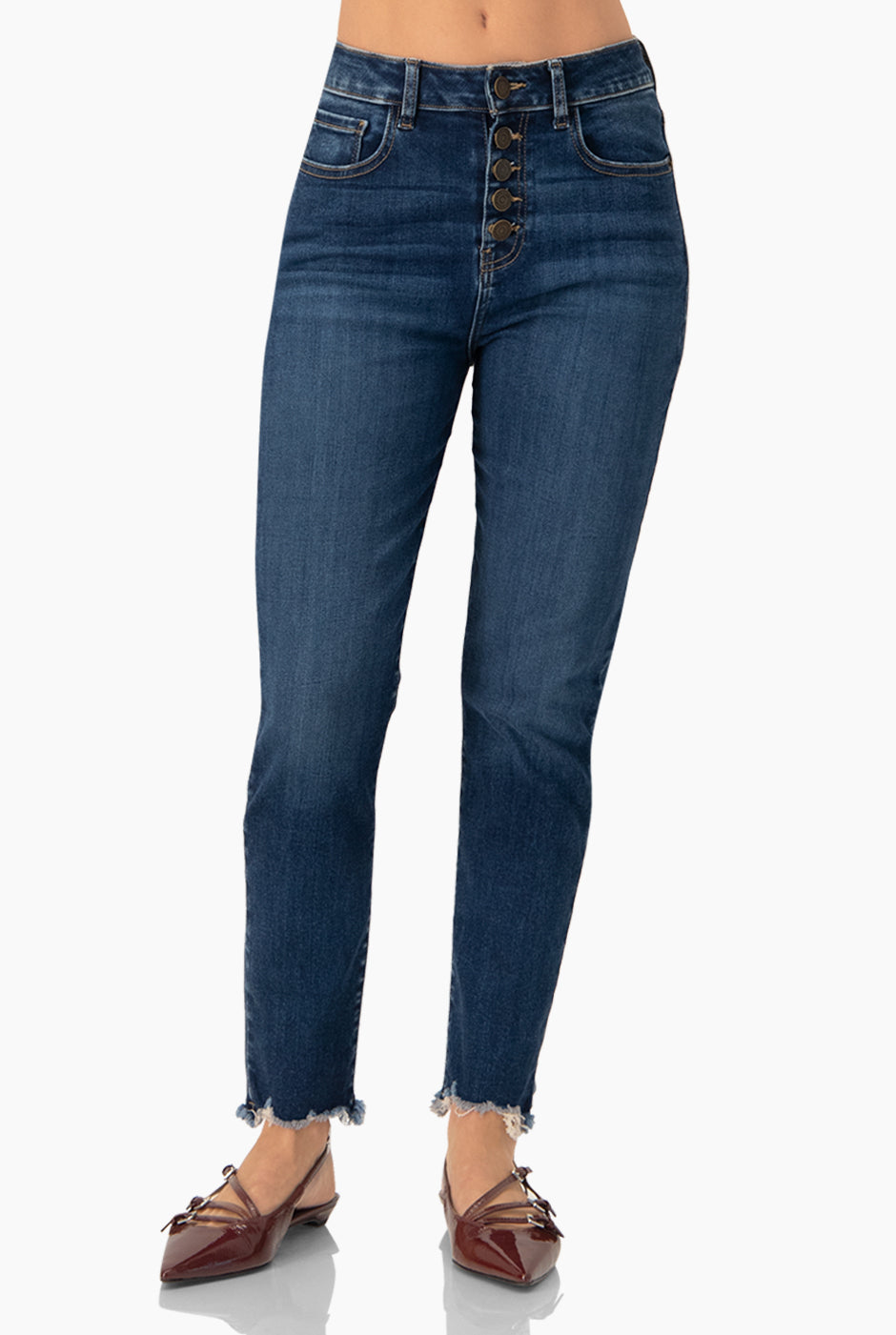 Jeans skinny azul con botones frontales y deshilachados