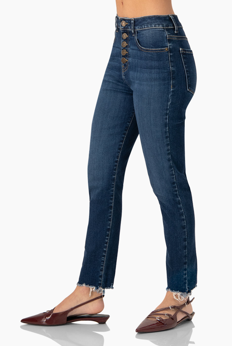 Jeans skinny azul con botones frontales y deshilachados