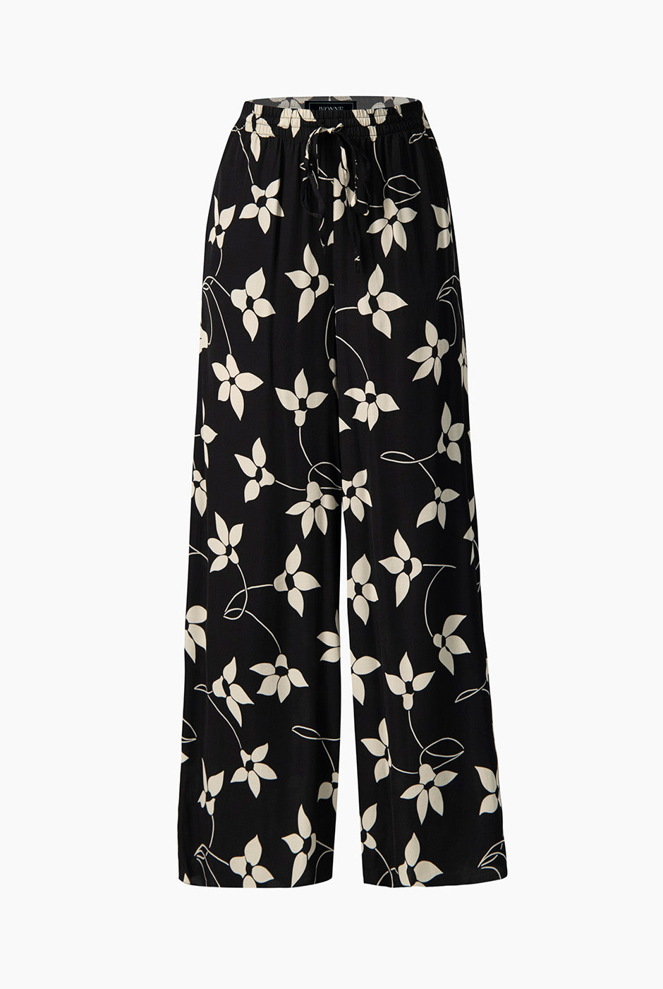 Pantalón amplio negro con estampado floral y bolsillos
