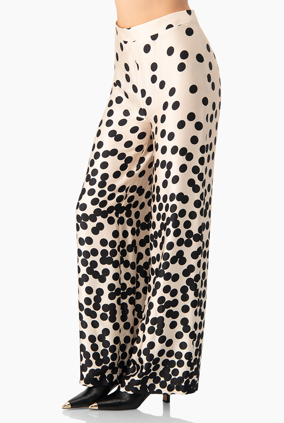 Pantalón palazzo con estampado de lunares en color natural, largo hasta el suelo
