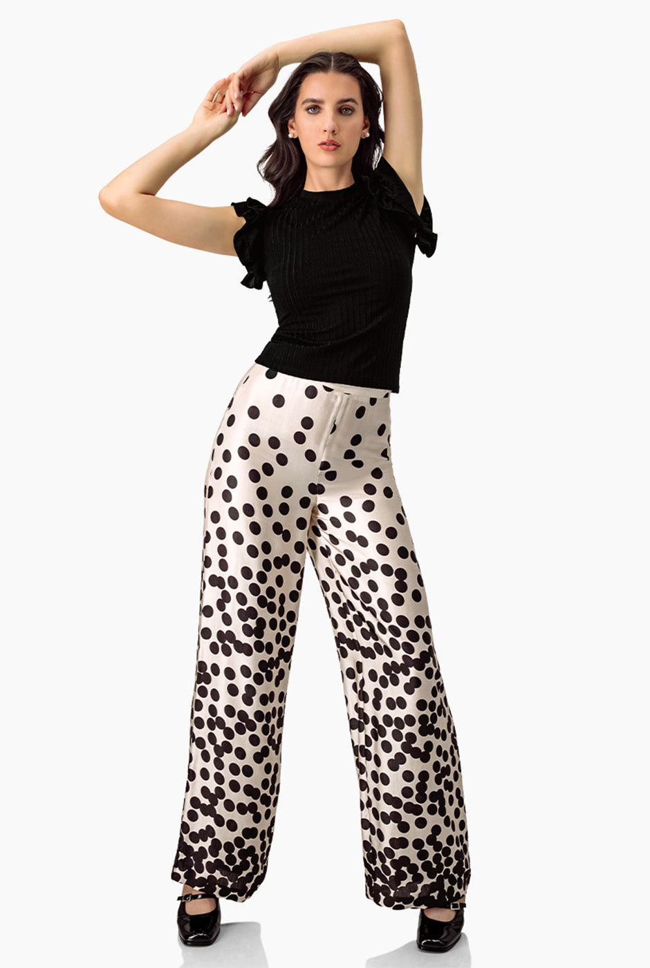 Pantalón palazzo con estampado de lunares en color natural, largo hasta el suelo