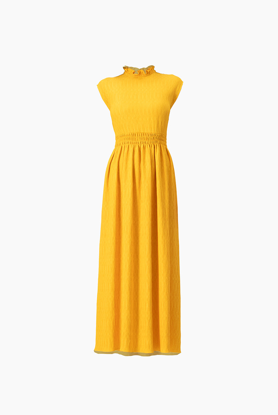 Vestido largo amarillo sin mangas con cuello alto y cintura fruncida