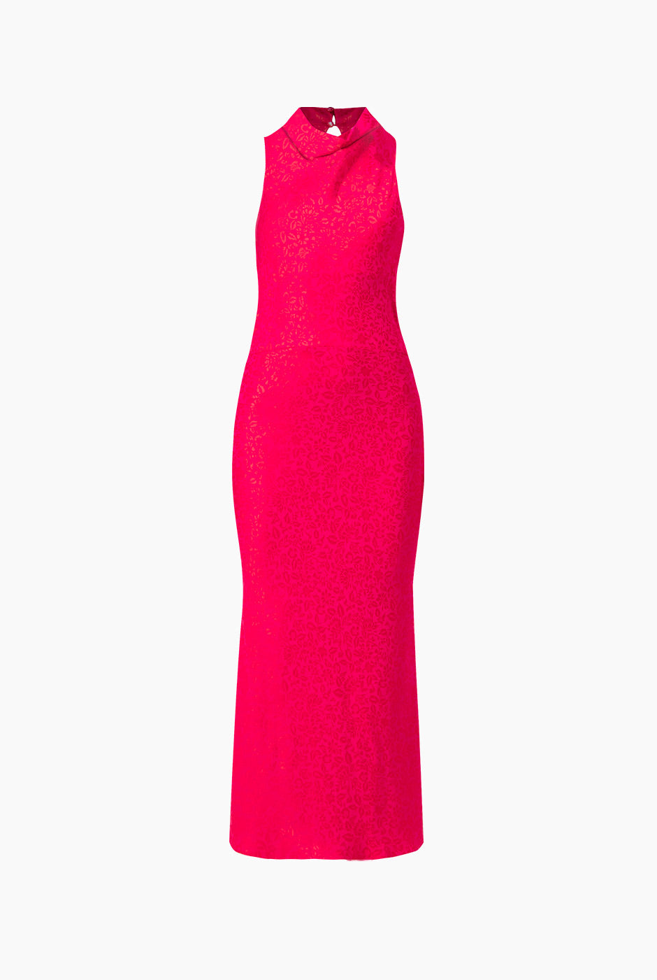 Vestido largo rosa con escote halter y abertura trasera