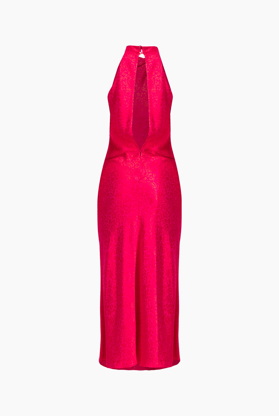 Vestido largo rosa con escote halter y abertura trasera
