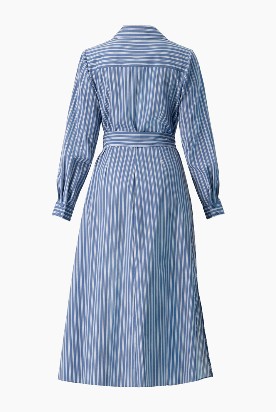 Vestido largo azul con rayas, manga larga y cinta en cintura