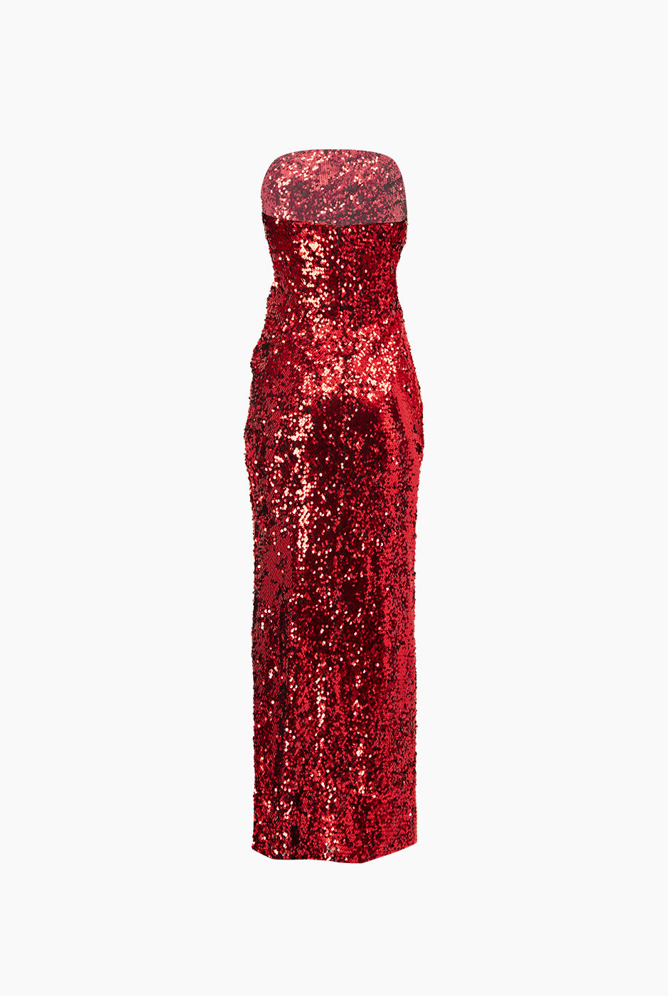 Vestido rojo strapless de lentejuelas con abertura frontal