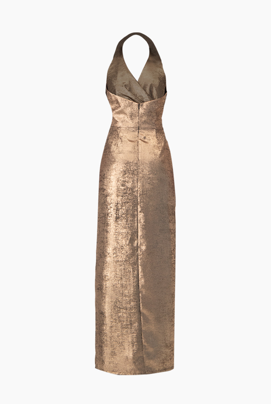 Vestido largo dorado con cuello halter y escote en V