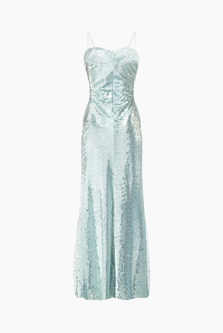 Vestido largo azul con escote corazón y lentejuelas